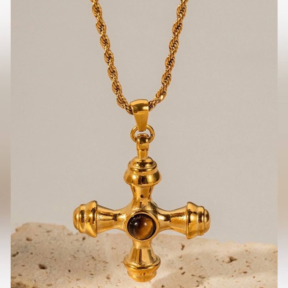 Waterproof Tarnish free gold cross necklace - brown
